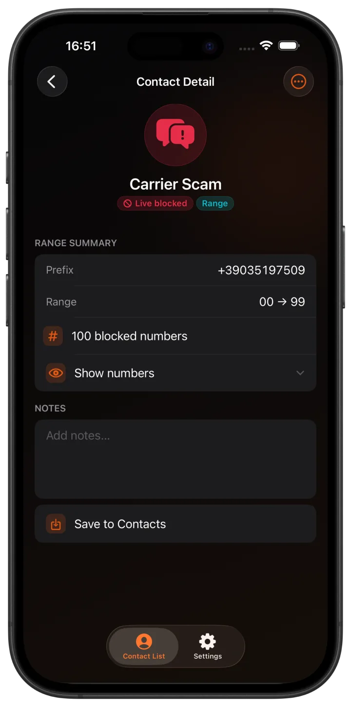 BlockRa caller identification screen for a delivery or courier contact