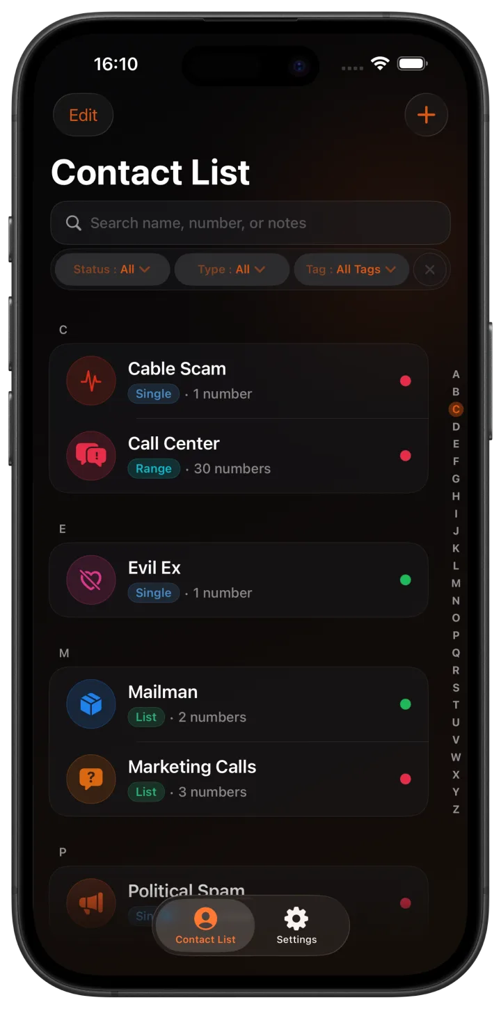 BlockRa iPhone screen showing saved caller entries and blocking rules
