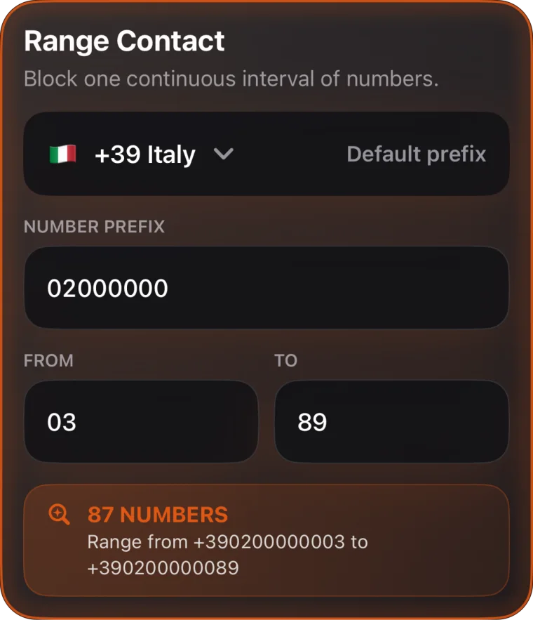 BlockRa range rule detail screen for blocking a specific interval of phone numbers